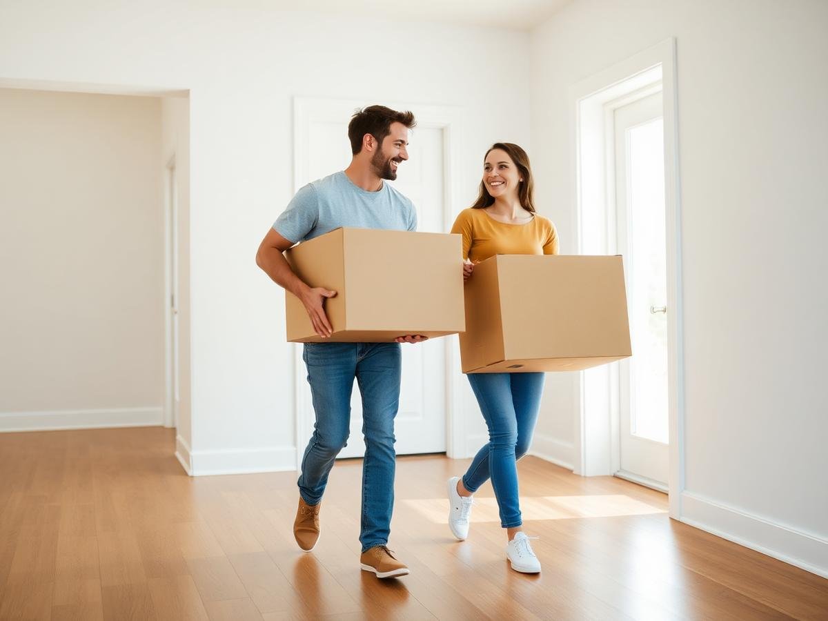 A couple carrying moving boxes into their new home